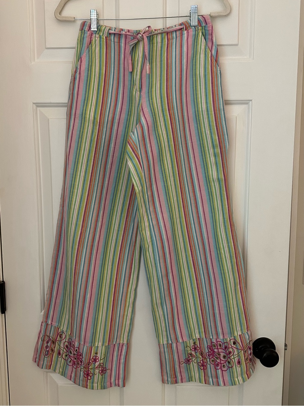Vintage Oilily Multicolor Pastel Striped Wide-Leg Pants with Floral Trim
